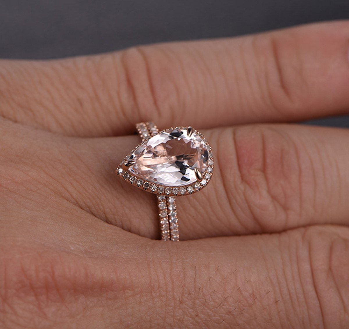 For Deann-3.5ct Elongated Pear Morganite Diamond Halo Bridal Set 14K Rose Gold