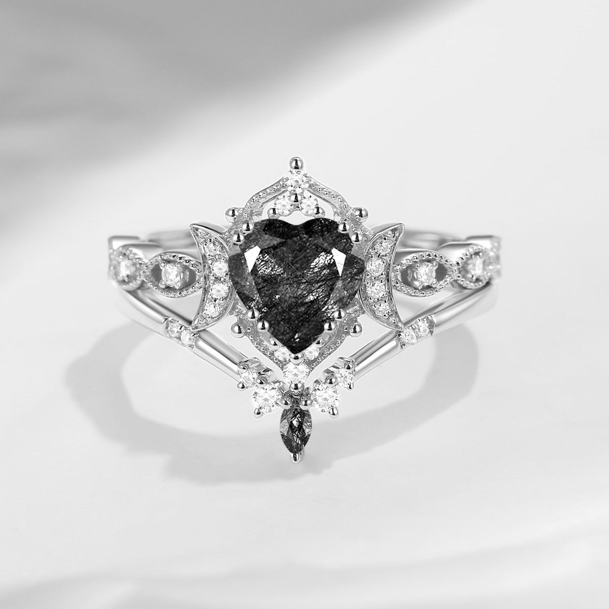 Crescent Moon | 18K Heart Shaped Black Rutilated Quartz Engagement Ring Set 2pcs - Luna