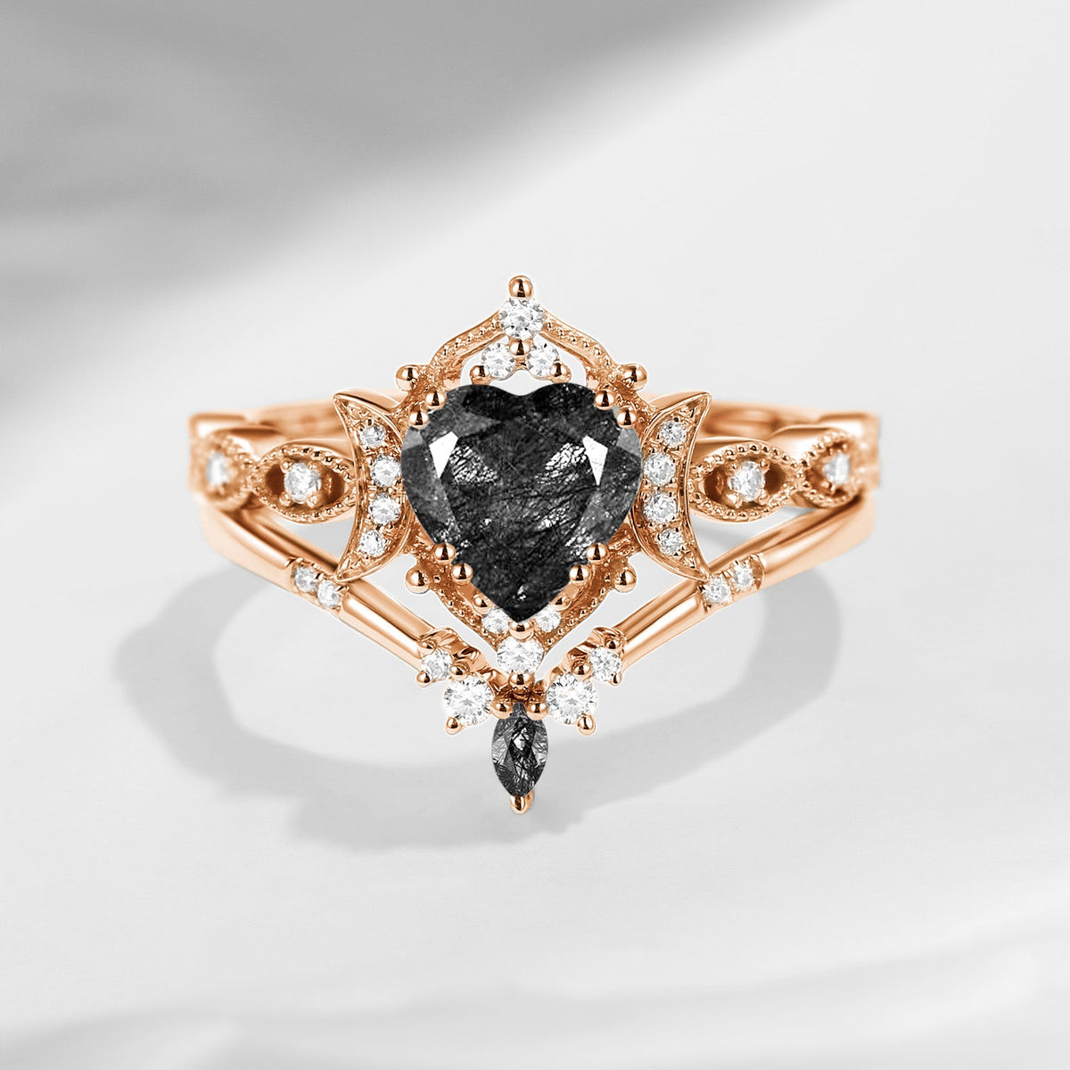 Crescent Moon | 18K Heart Shaped Black Rutilated Quartz Engagement Ring Set 2pcs - Luna