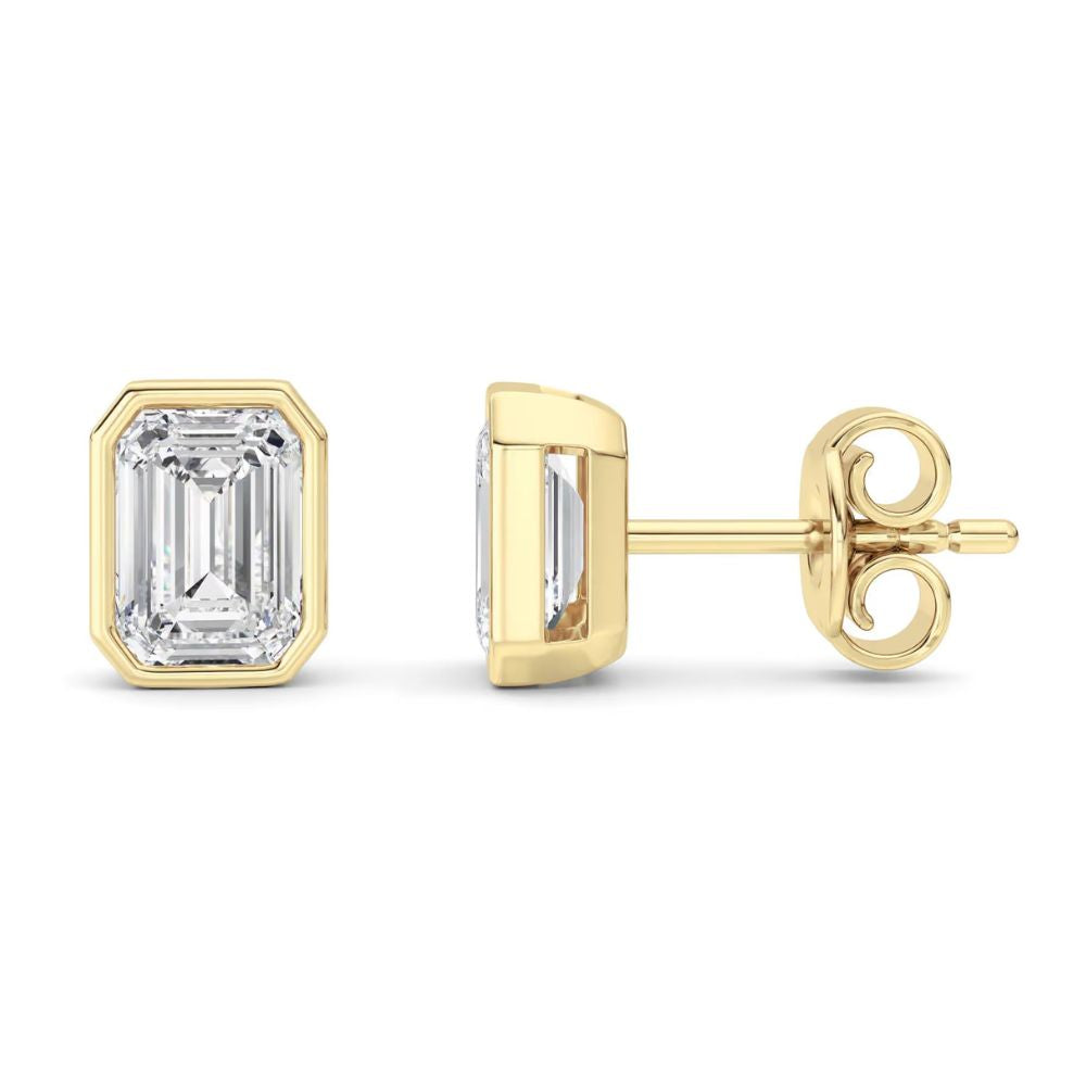 2Ct TW Emerald Cut Diamond Bezel Studs 14k Yellow Gold Lab Grown Earrings