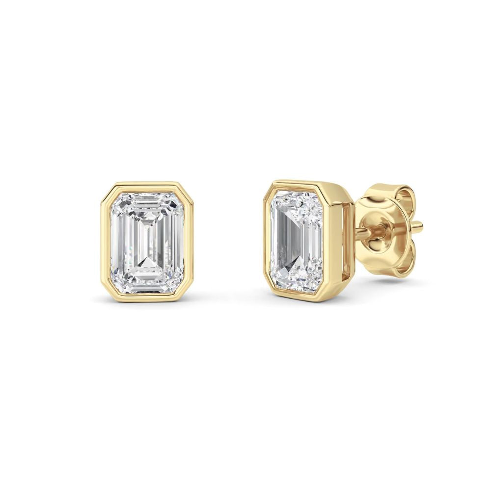 2Ct TW Emerald Cut Diamond Bezel Studs 14k Yellow Gold Lab Grown Earrings