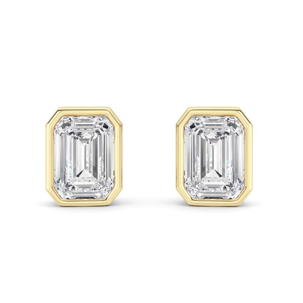 2Ct TW Emerald Cut Diamond Bezel Studs 14k Yellow Gold Lab Grown Earrings