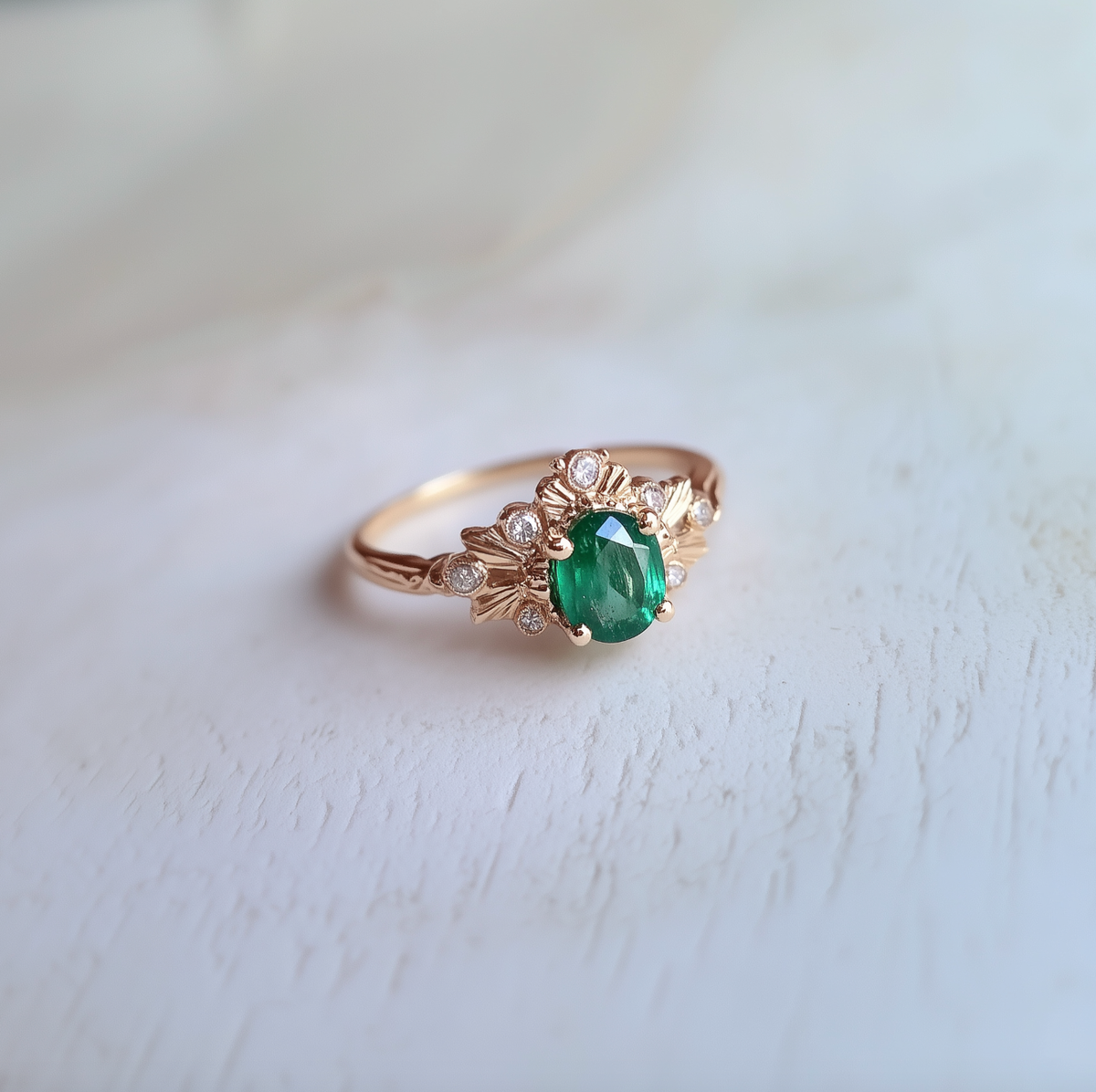 Isolde’s Willow | Vintage Oval Natural Emerald Engagement Ring