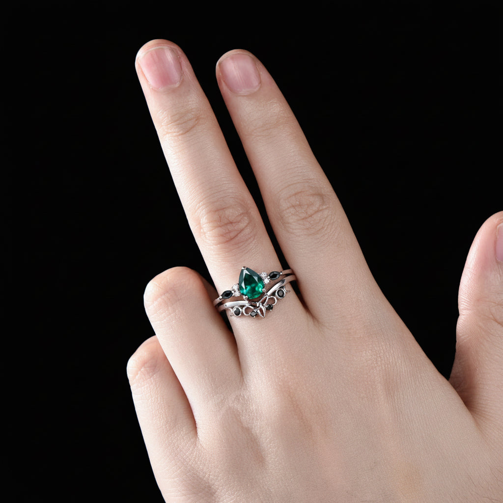Pear Cut Emerald Engagement Ring Set White Gold Gothic Black Spinel Celtic Bridal Set