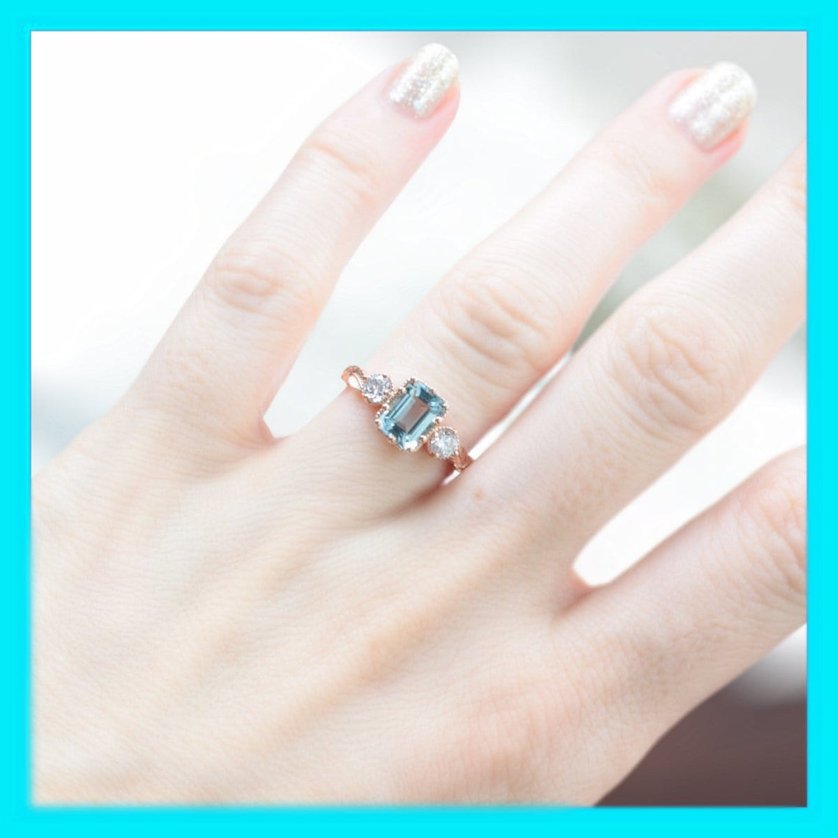 Emerald-cut Aquamarine Leaf Ring