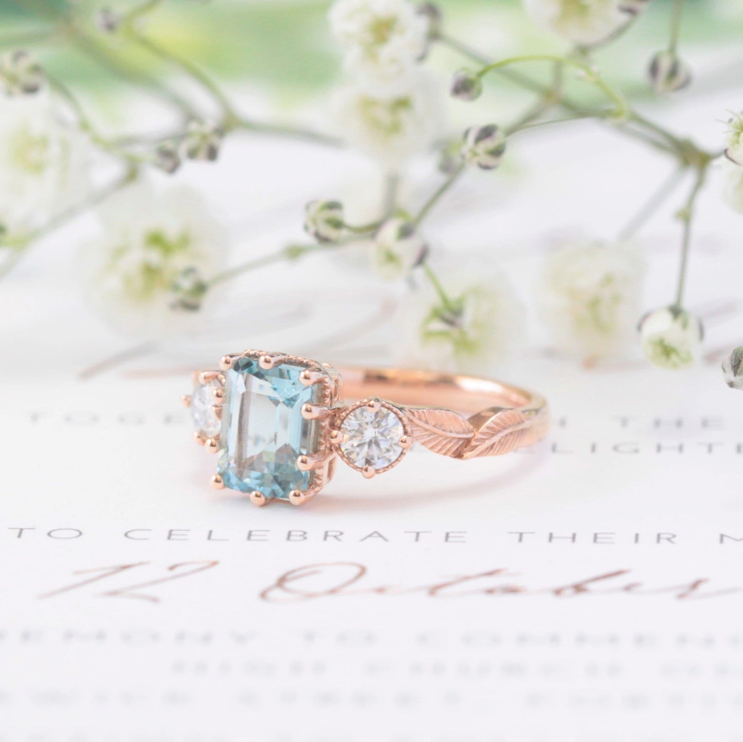 Emerald-cut Aquamarine Leaf Ring