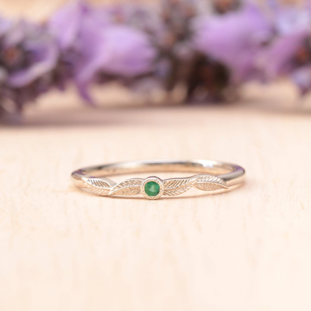 Emerald Birthstone Leaf Ring
