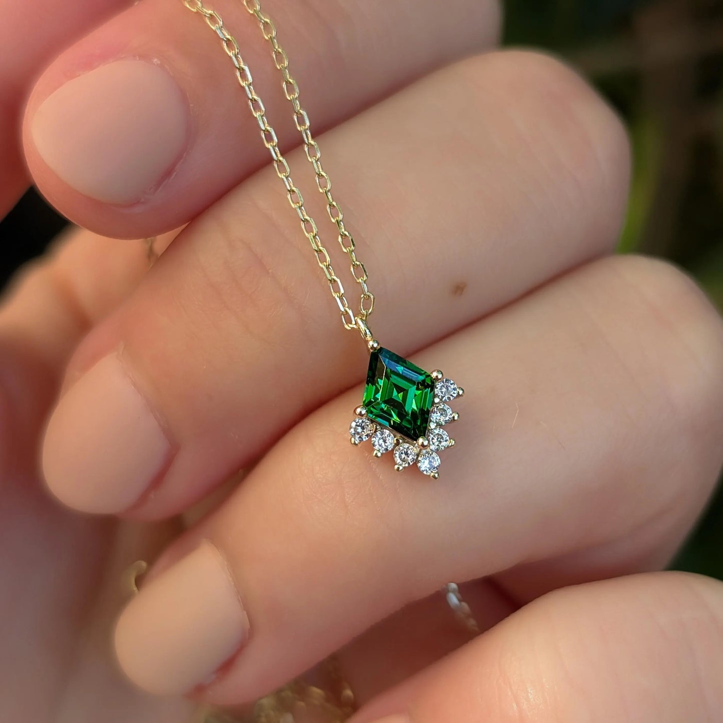 Kite Shaped Emerald Half Halo Pendant Necklace