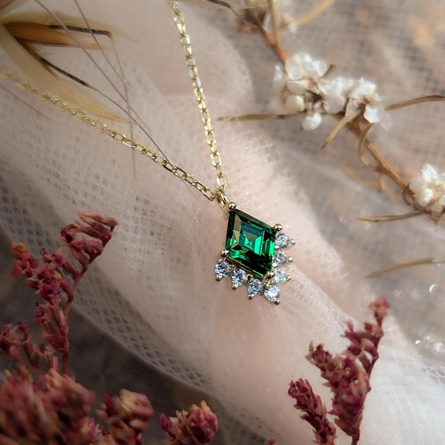 Kite Shaped Emerald Half Halo Pendant Necklace