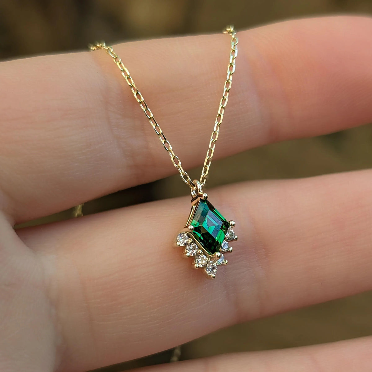 Kite Shaped Emerald Half Halo Pendant Necklace
