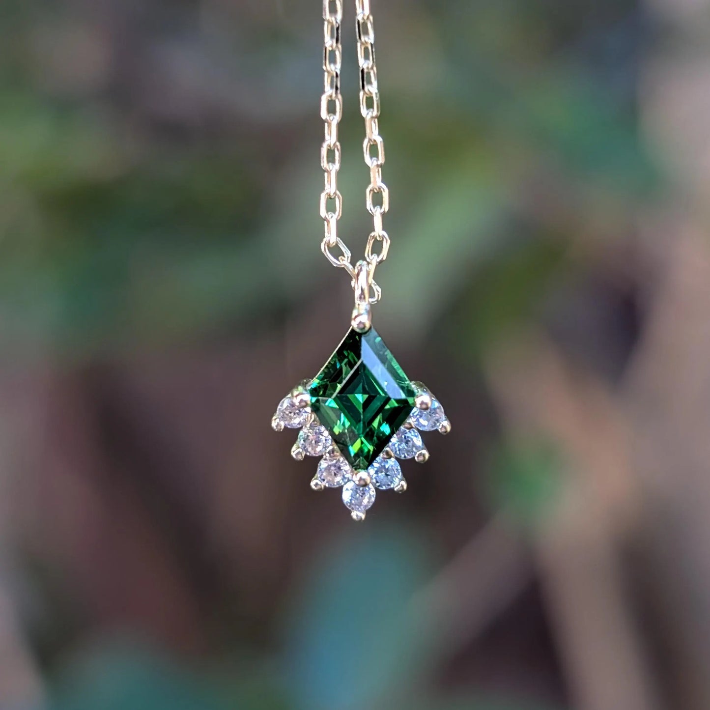 Kite Shaped Emerald Half Halo Pendant Necklace