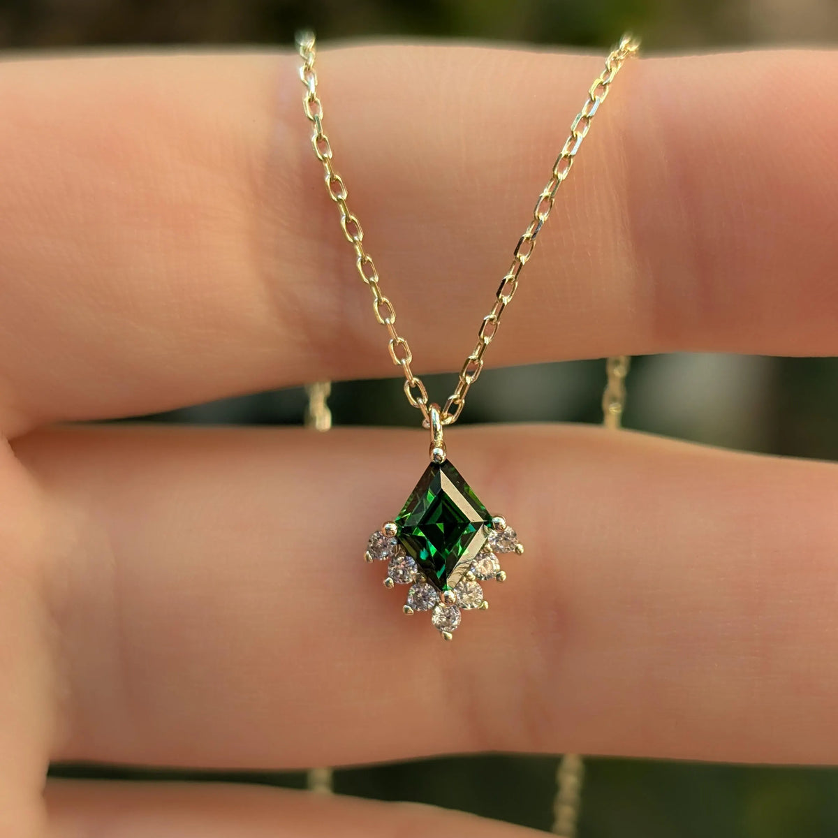 Kite Shaped Emerald Half Halo Pendant Necklace