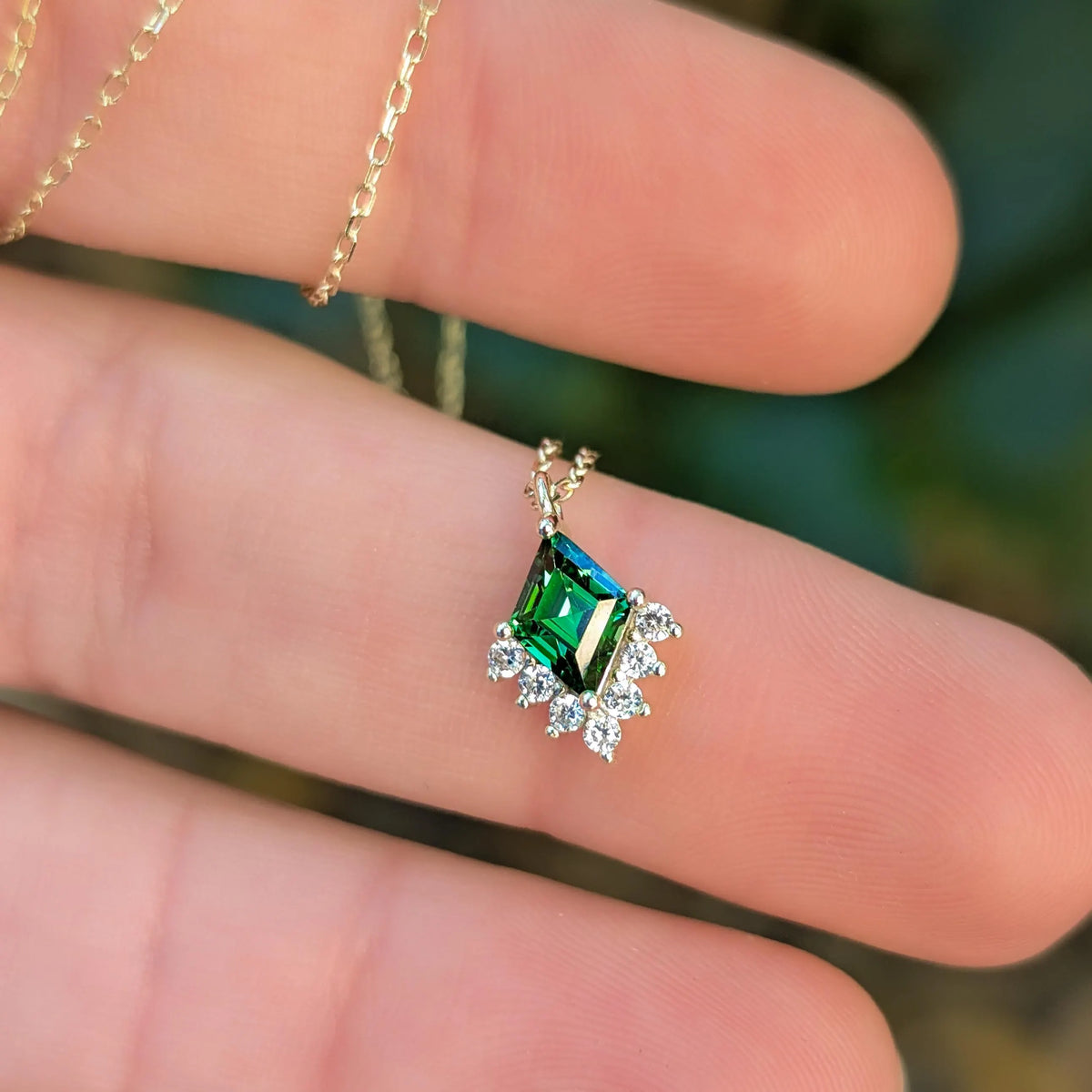 Kite Shaped Emerald Half Halo Pendant Necklace