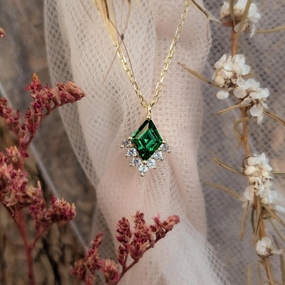 Kite Shaped Emerald Half Halo Pendant Necklace
