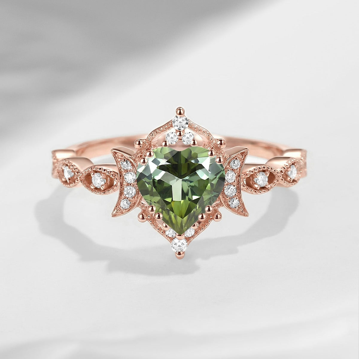 Crescent Moon - Heart Shaped Natural Green Tourmaline Verdelite Milgrain Engagement Ring