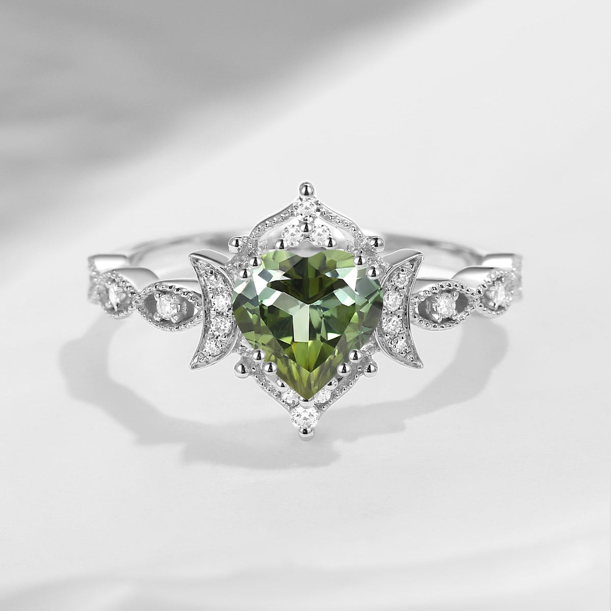 Crescent Moon - Heart Shaped Natural Green Tourmaline Verdelite Milgrain Engagement Ring