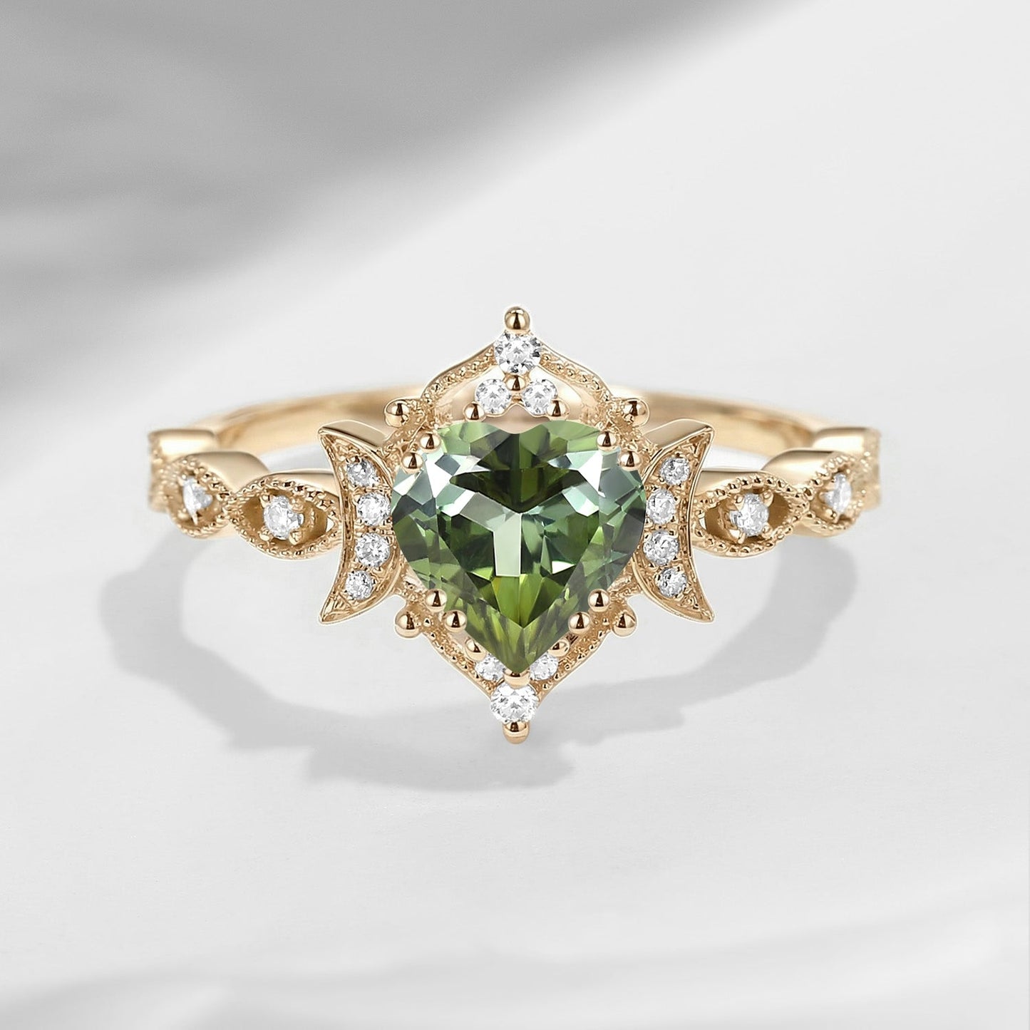 Crescent Moon - Heart Shaped Natural Green Tourmaline Verdelite Milgrain Engagement Ring