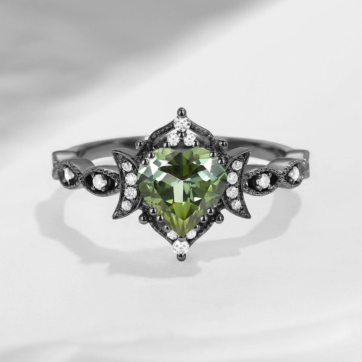 Crescent Moon - Heart Shaped Natural Green Tourmaline Verdelite Milgrain Engagement Ring