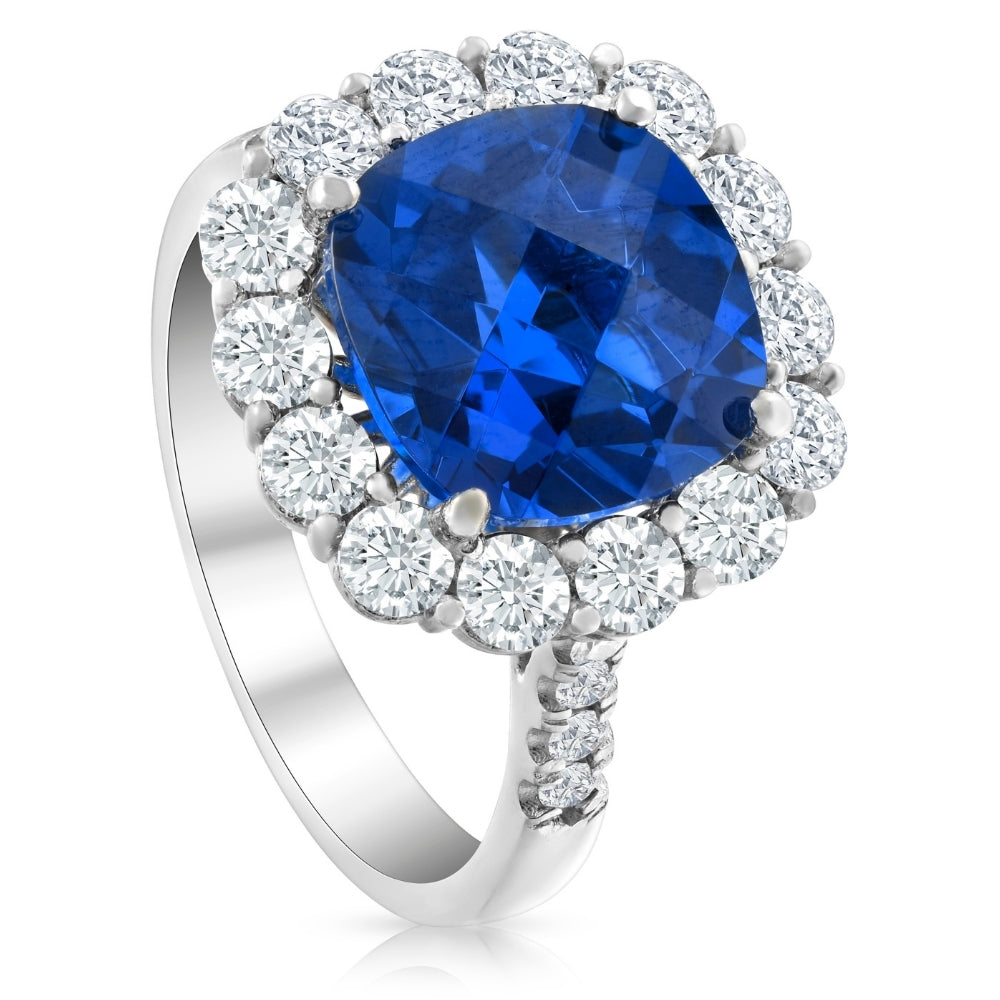 6.93Ct TW Natural Diamond Cushion Ring 14k White Gold Lab Grown Sapphire