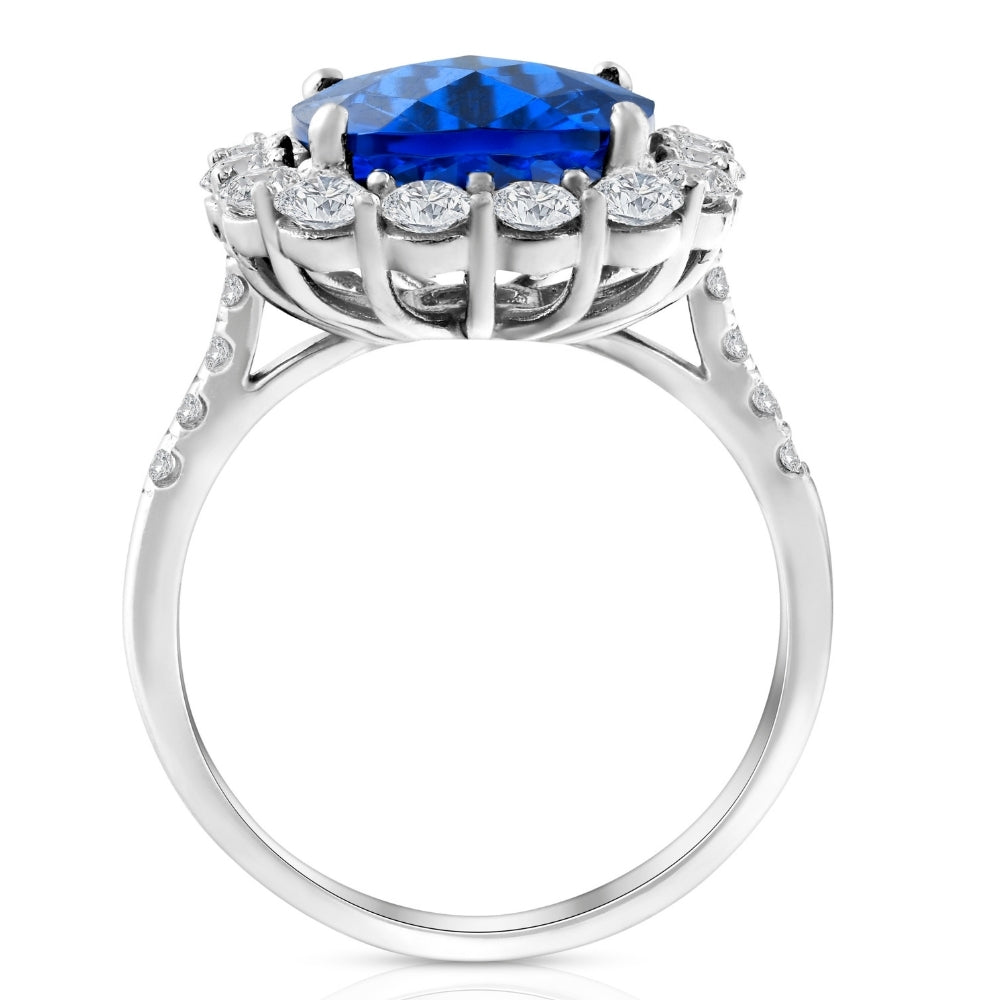 6.93Ct TW Natural Diamond Cushion Ring 14k White Gold Lab Grown Sapphire
