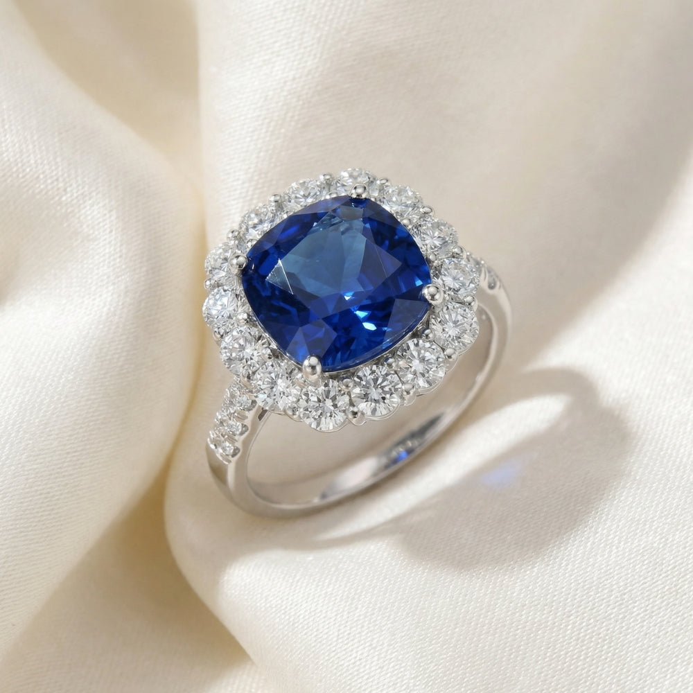 6.93Ct TW Natural Diamond Cushion Ring 14k White Gold Lab Grown Sapphire