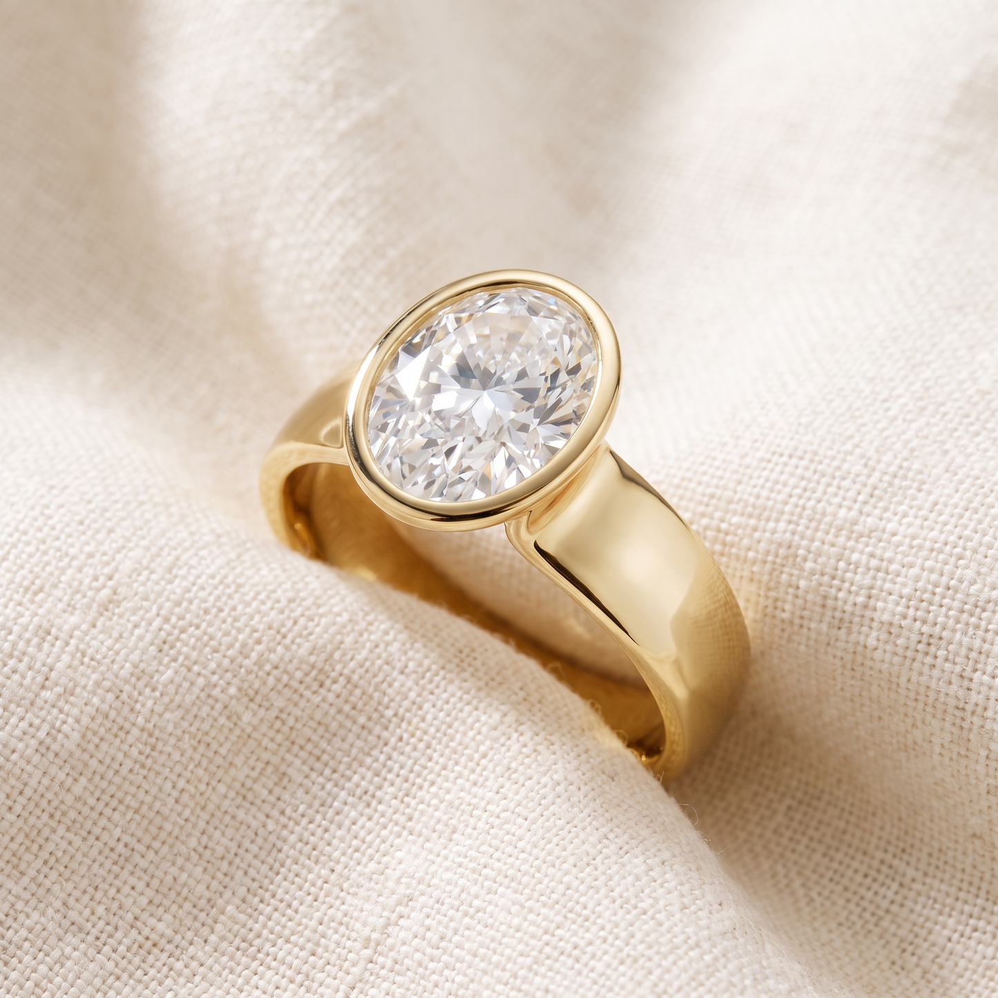 Certified 2Ct Oval Sculptural Bezel Diamond Engagement Ring 14k Gold Lab Grown