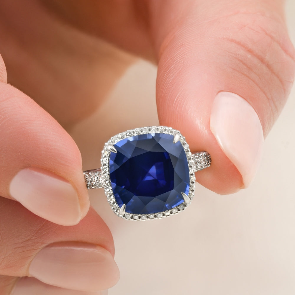 8.50Ct TW Cushion Blue Sapphire & pave Diamond Ring 14k White Gold Lab Grown