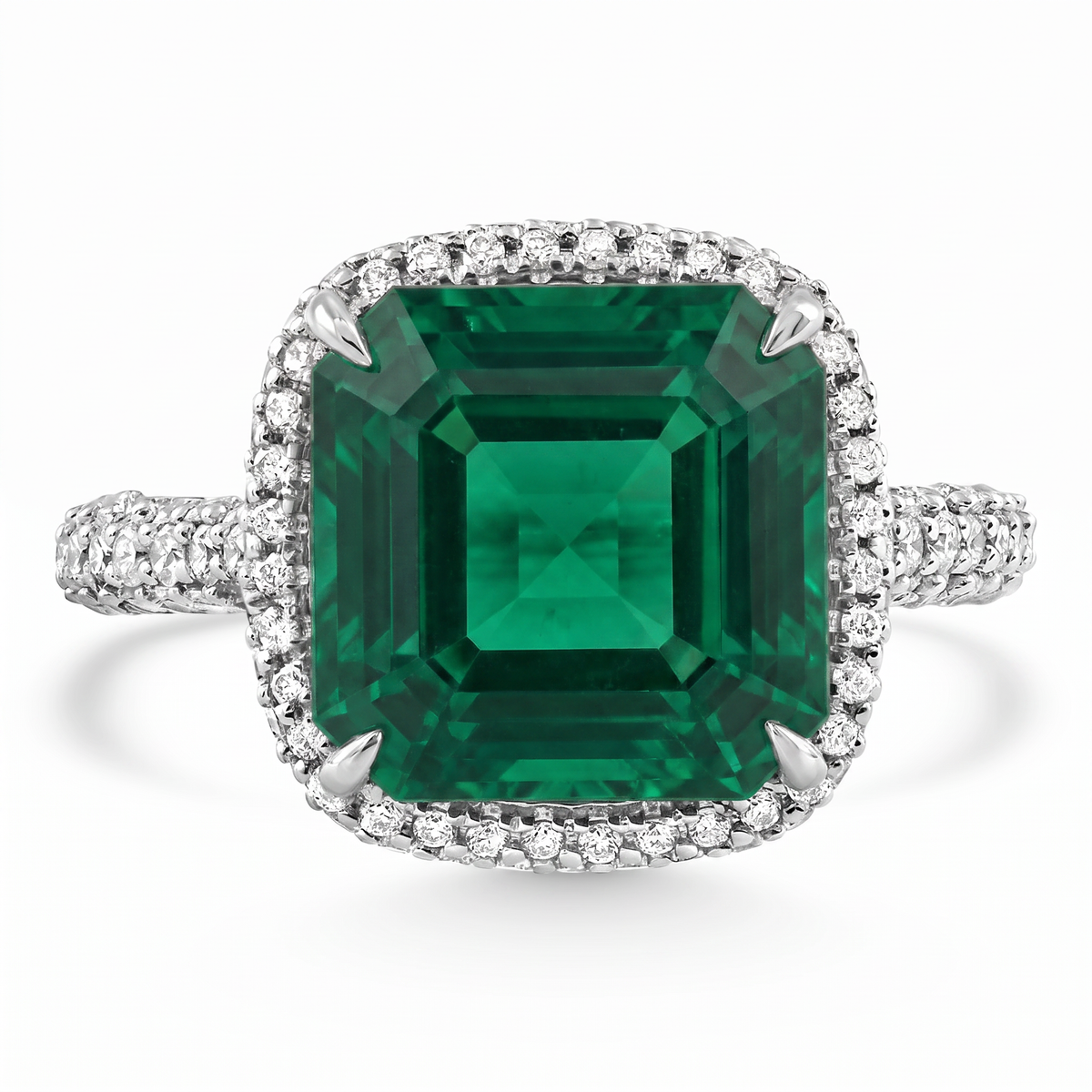 5.50Ct TW Emerald Asscher Cut & Pave Diamond Ring 14k White Gold Lab Grown