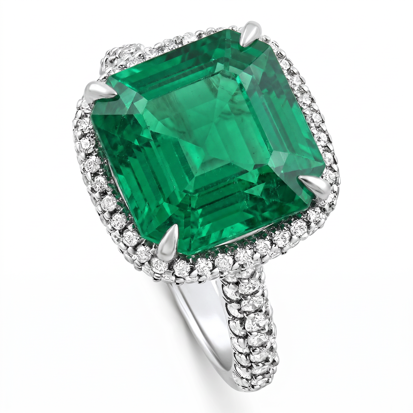 5.50Ct TW Emerald Asscher Cut & Pave Diamond Ring 14k White Gold Lab Grown