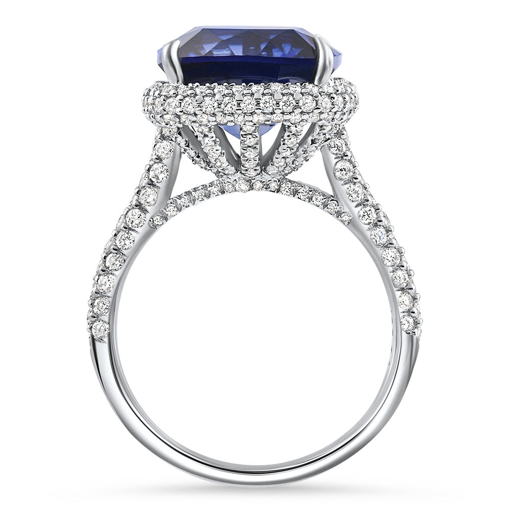 8.50Ct TW Cushion Blue Sapphire & pave Diamond Ring 14k White Gold Lab Grown
