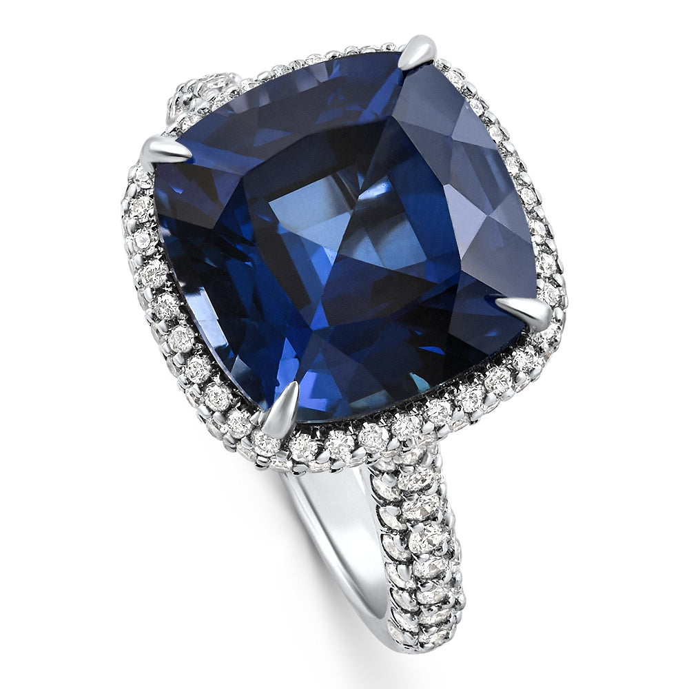 8.50Ct TW Cushion Blue Sapphire & pave Diamond Ring 14k White Gold Lab Grown