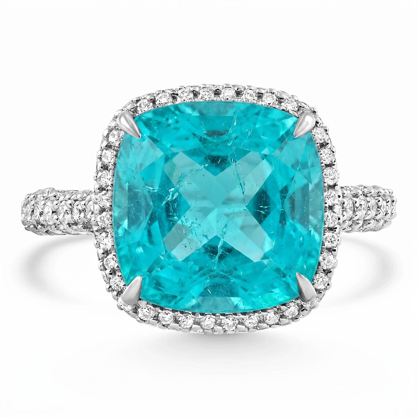 9.50Ct TW Cushion Paraíba & Pave Diamond Ring 14k White Gold Lab Grown