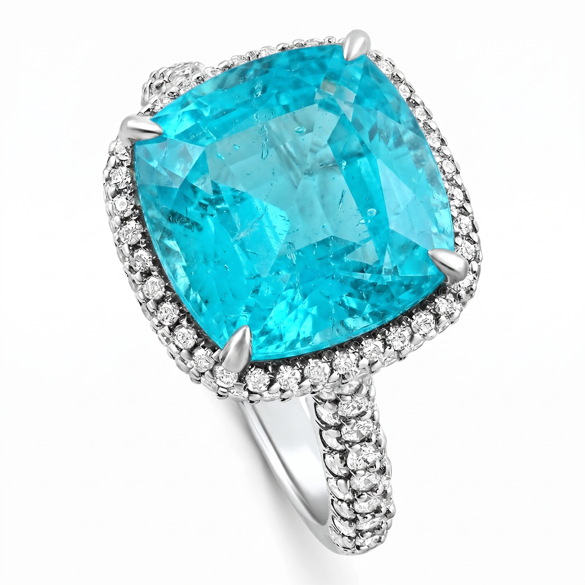 9.50Ct TW Cushion Paraíba & Pave Diamond Ring 14k White Gold Lab Grown