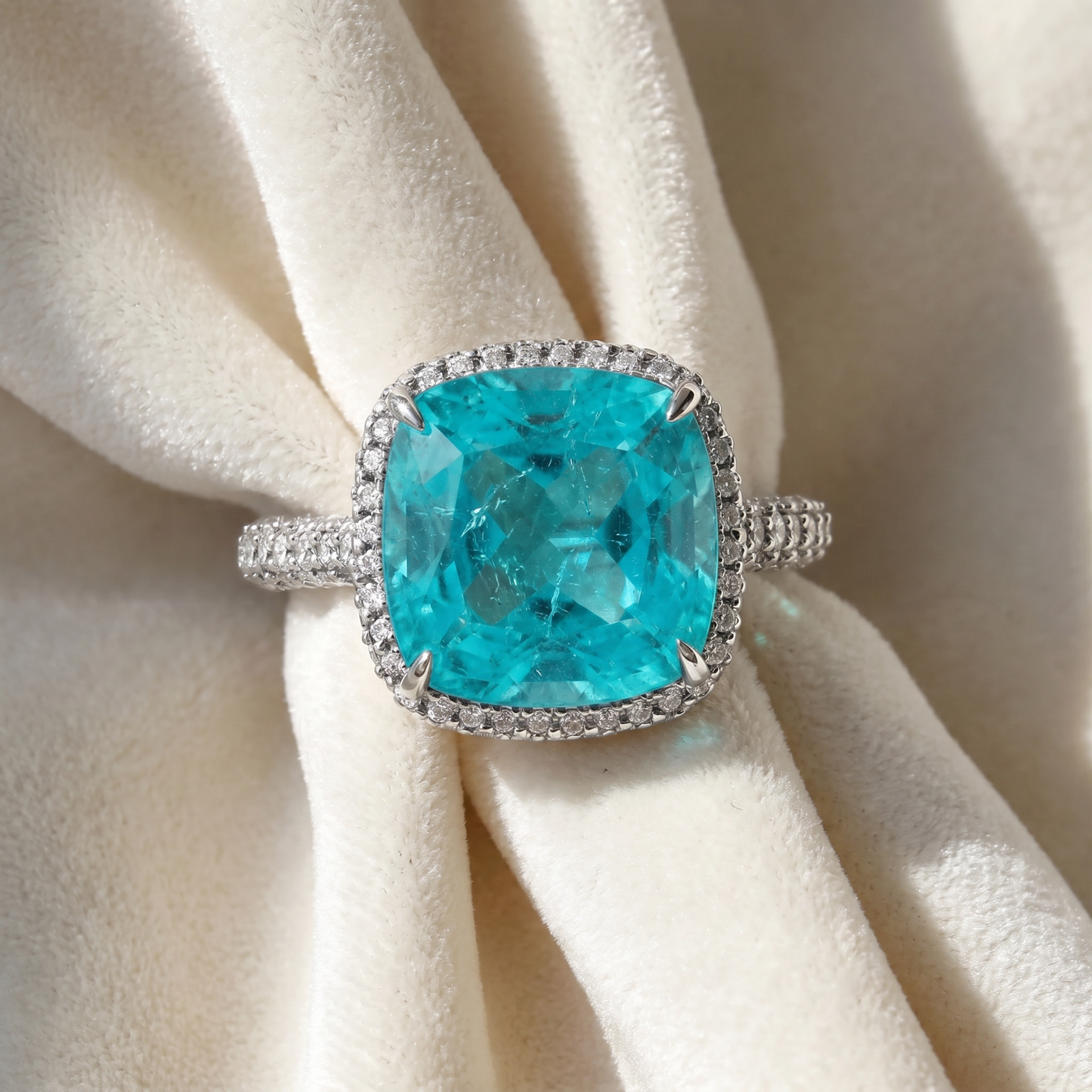 9.50Ct TW Cushion Paraíba & Pave Diamond Ring 14k White Gold Lab Grown