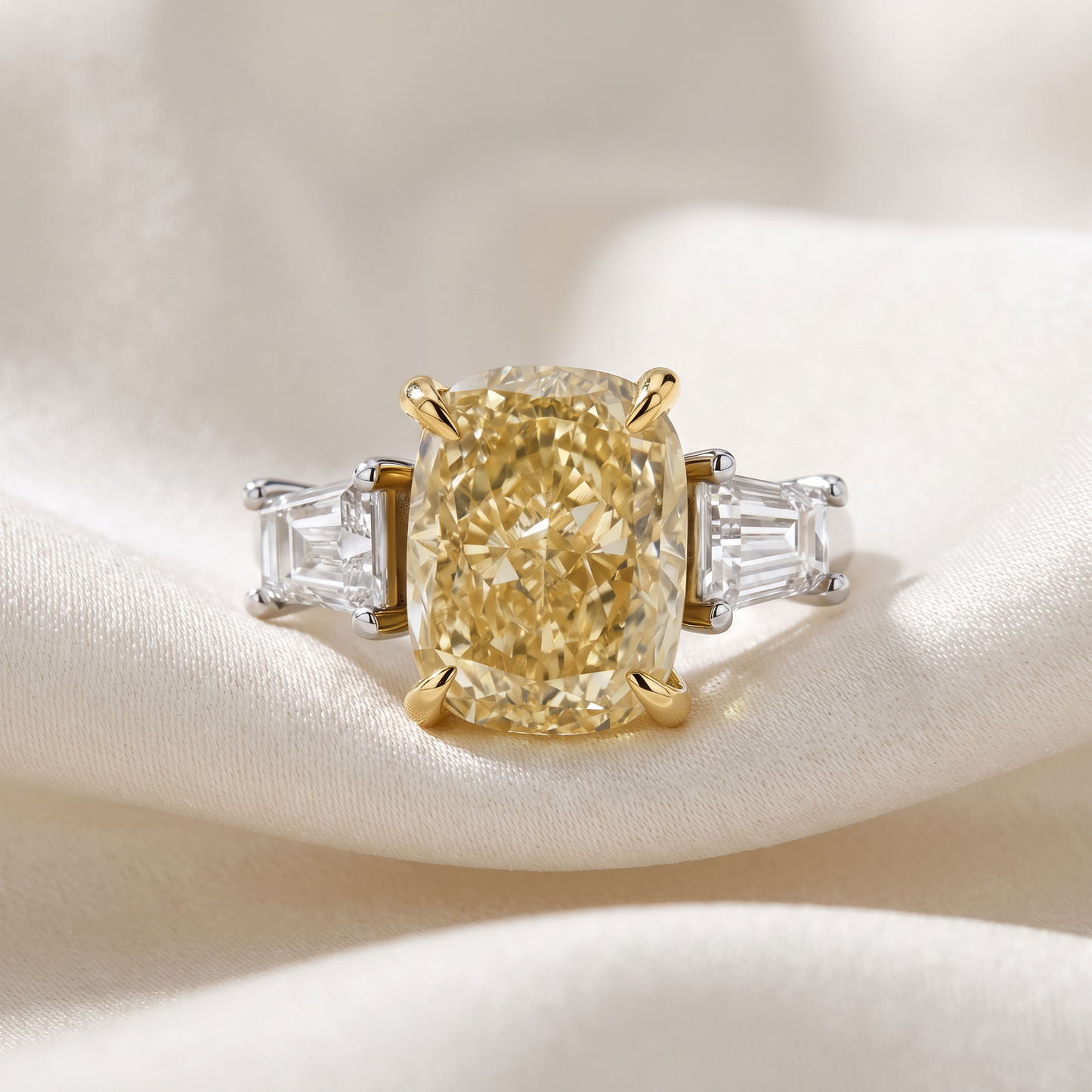 Certified Platinum & Gold Intense Yellow 5.50Ct Cushion Diamond Engagement Ring