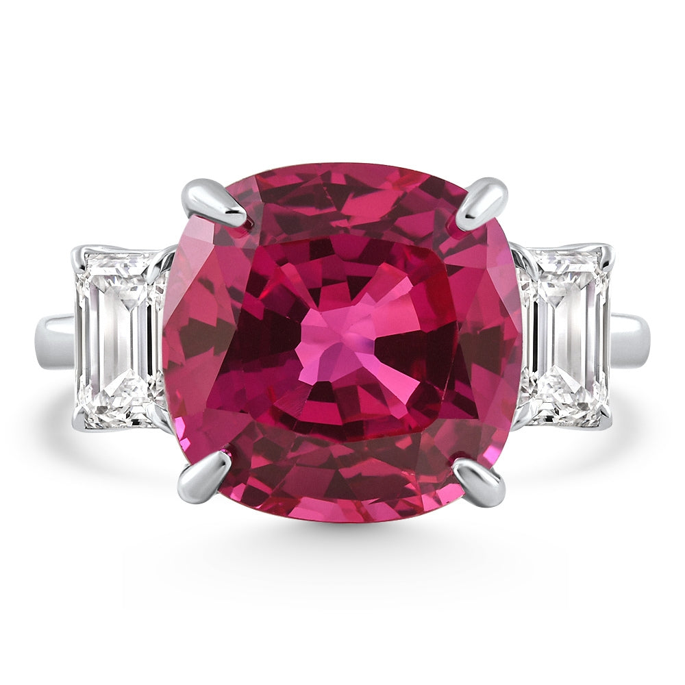 8.50Ct Cushion Ruby & Emerald Cut Diamond Ring 14k White Gold Lab Grown