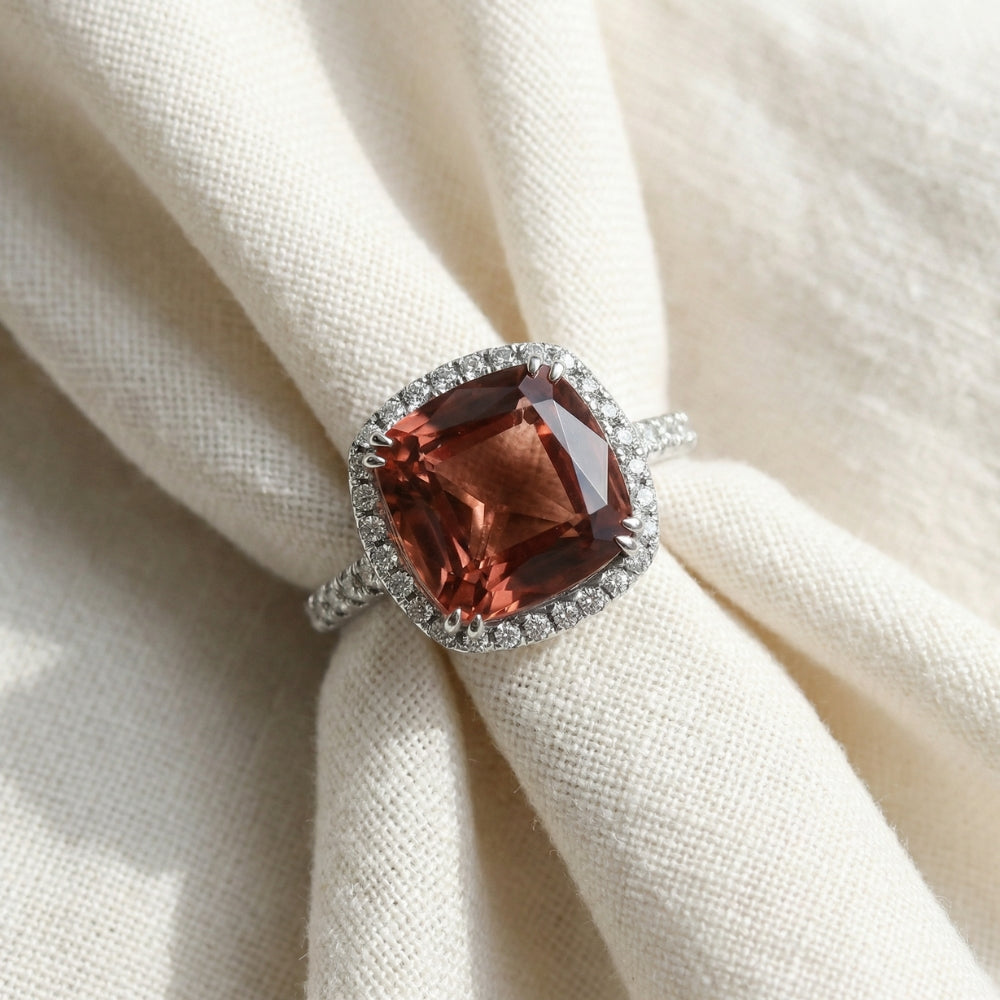 6.84Ct Red Brown Cushion Tourmaline Diamond Halo Ring 14k White Gold Lab Grown