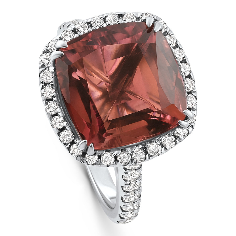 6.84Ct Red Brown Cushion Tourmaline Diamond Halo Ring 14k White Gold Lab Grown