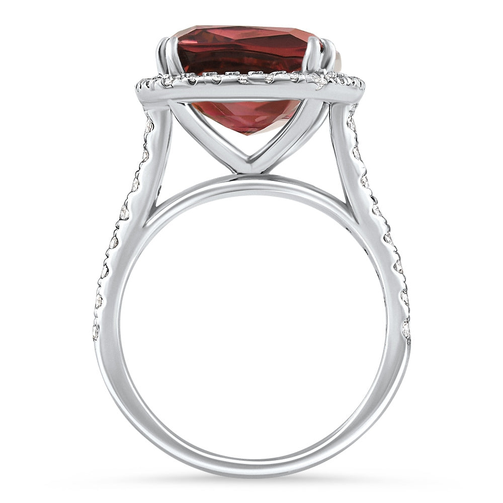 6.84Ct Red Brown Cushion Tourmaline Diamond Halo Ring 14k White Gold Lab Grown