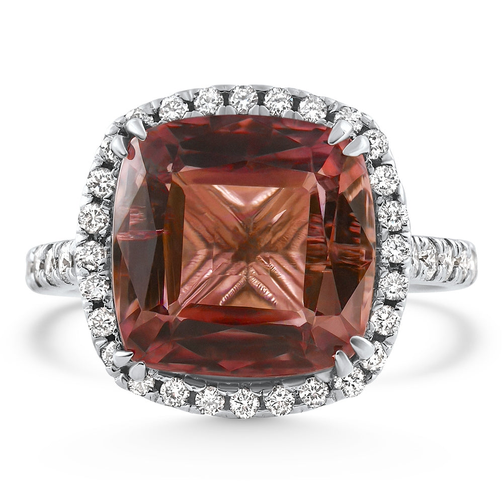 6.84Ct Red Brown Cushion Tourmaline Diamond Halo Ring 14k White Gold Lab Grown