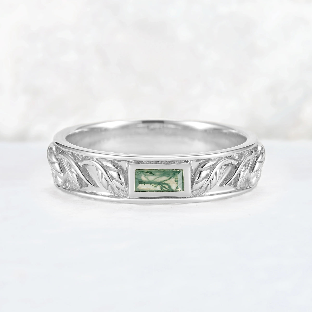 Mens Baguette Cut Moss Agate Stone Leafy Wedding Band