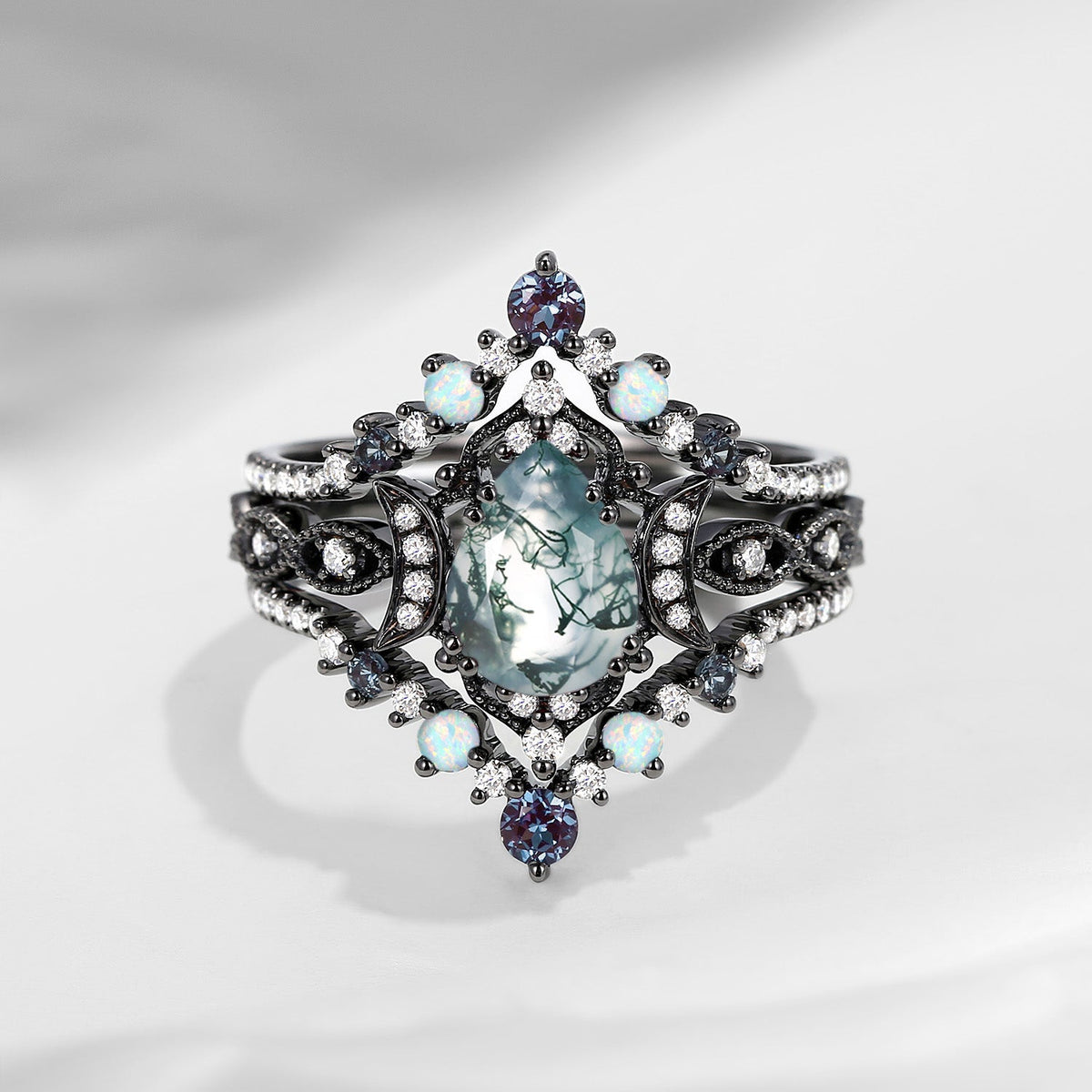 Crescent Moon | Pear Cut Moss Agate Alexandrite & Opal 'Black Statement' Ring Set 3pcs