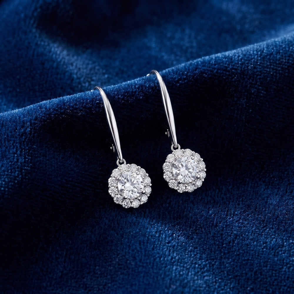 .89Ct TW Diamond Delicate Floral Shape Dangle Hoops Lab Grown Earrings Silver 1"