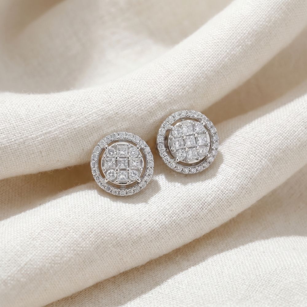 5/8 cttw Princess Cut Diamond Halo Screw Back Studs 10K White Gold 9.5MM