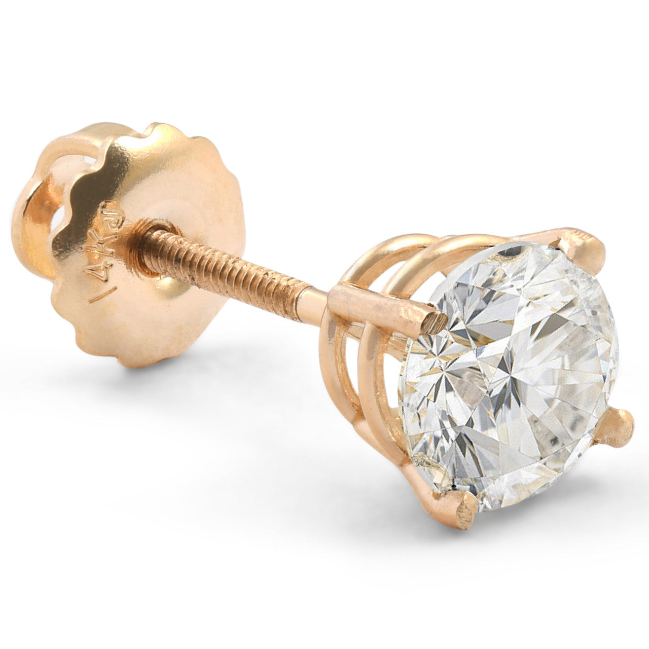 1 ct Single Natural Round Brilliant Cut Diamond Stud Screw Back 14k Yellow Gold