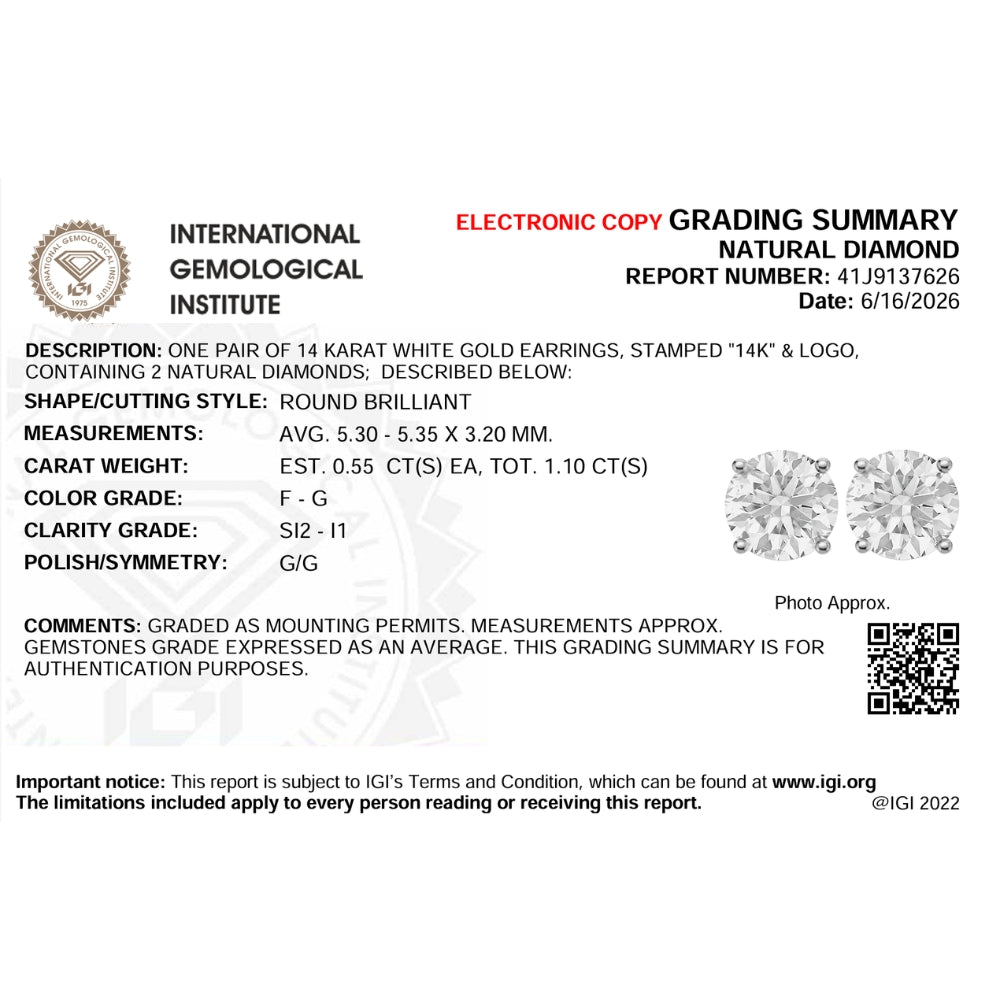 Certified 1.10Ct TW 14K White Gold Diamond Stud Earrings