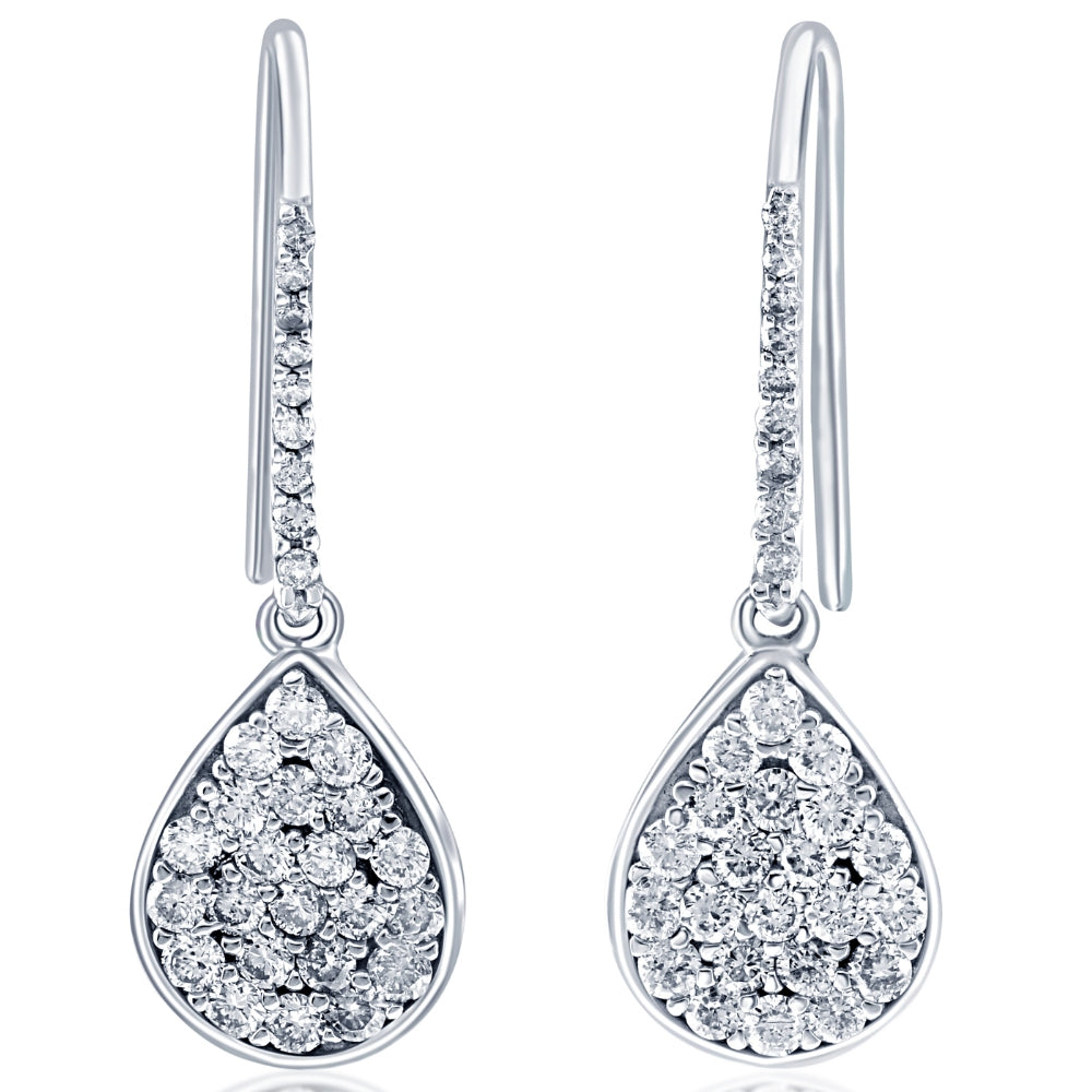 1 1/8ct Lab Grown Diamond Hoops Dangle Pear Shape 18K White Gold 1 1/4" Tall