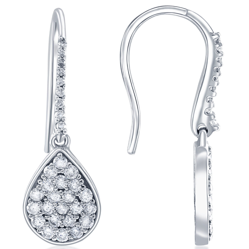 1 1/8ct Lab Grown Diamond Hoops Dangle Pear Shape 18K White Gold 1 1/4" Tall