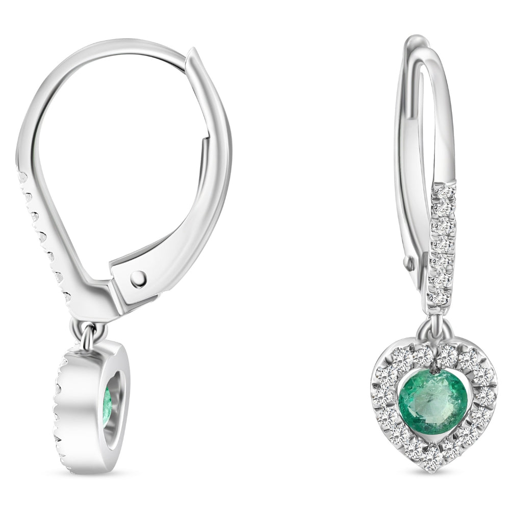 5/8Ct TW Emerald Lever Back Dangle Hoops White Gold Heart Earrings 3/4" Tall