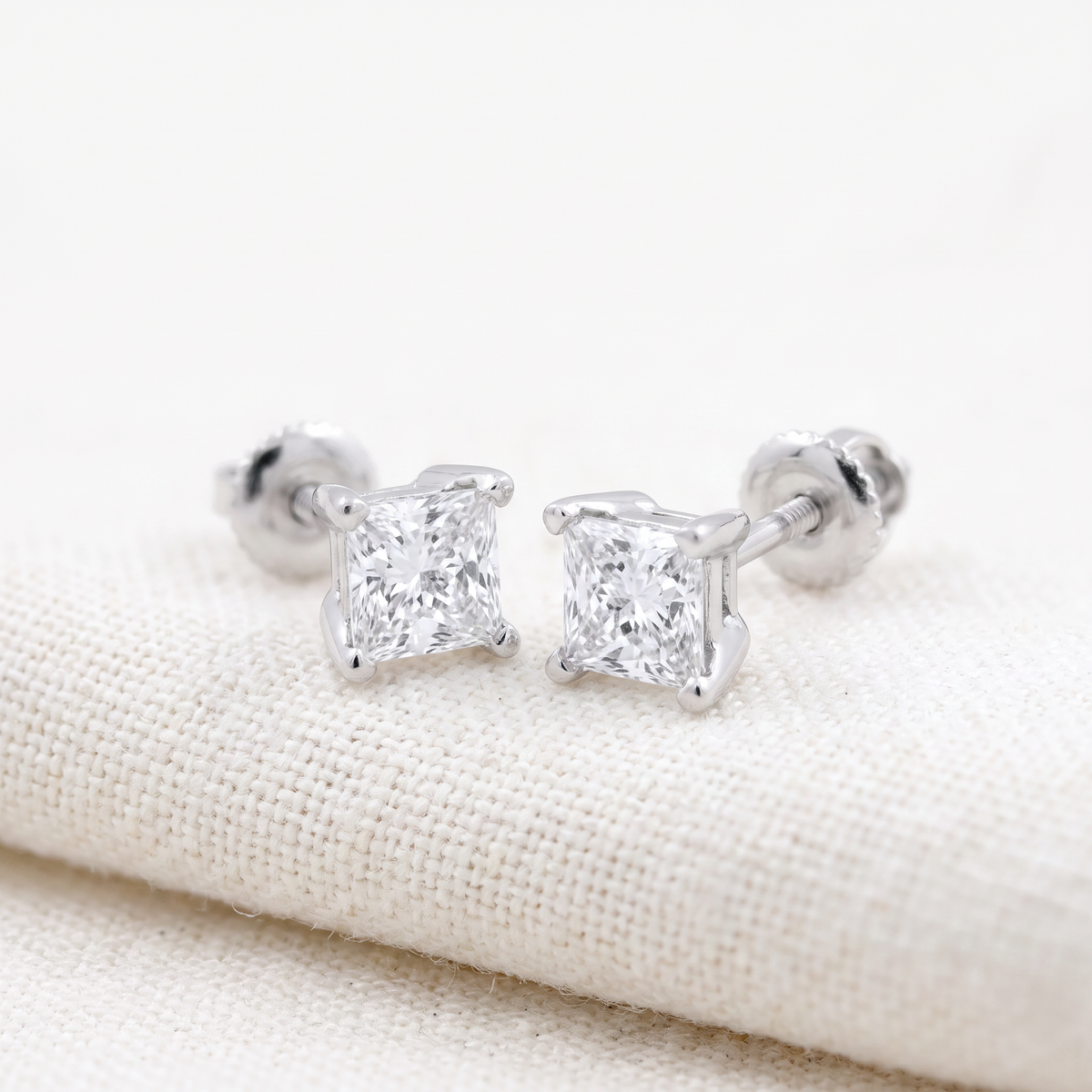 1Ct TW Princess Cut Natural Diamond Studs 14k Gold